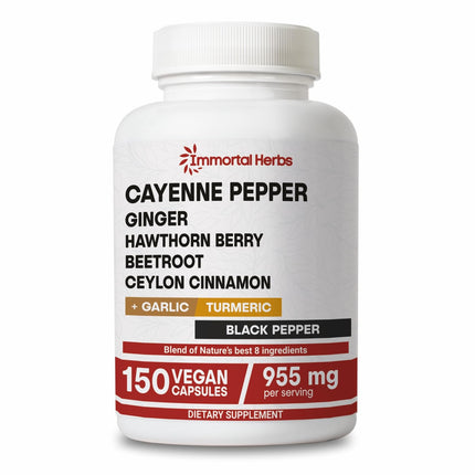 Immortal Herbs Cayenne Pepper Capsules w/Garlic, Ginger, Hawthorn, Turmeric, Cinnamon, Beet Root and Black Pepper Extract, 150 Cayenne Capsules, Non-GMO & Gluten Free Capsaicin Supplement
