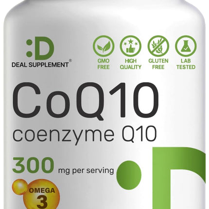 DEAL SUPPLEMENT CoQ10 300mg with Omega 3 100mg, 240 Capsules | Bioavailable Coenzyme Q10 Formula | Supports Heart, Energy & Brain Health | Antioxidant Support | Non-GMO