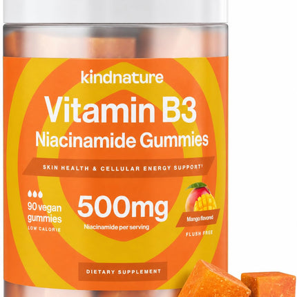 kindnature Vitamin B3 Niacinamide Gummies 500mg – Flush-Free Niacin Supplement – Supports Skin, Energy & Nervous System Wellness – Vegan, Non-GMO, Gluten-Free, Soy-Free – 90 Gummies