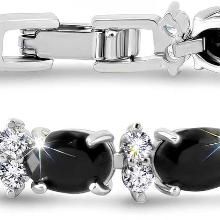 KEZEF Tennis Bracelets For Women - Cubic Zirconia - Oval 7x5mm Black Gemstones - Round 2.50mm White CZ - Silver Plated Brass - 7 Inch - Hypoallergenic Bracelets