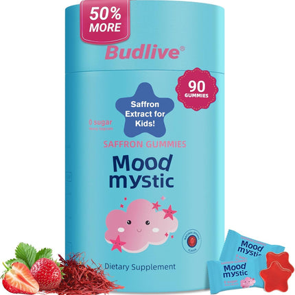 Saffron Gummies for Kids - Saffron Extract Supplements with GABA, Mood Munchies Calms Temper Tantrums, Supports Happy Mood & Cognition, Focus Calm Gummies for Kids 4+, Sugar Free Strawberry, 90 Counts