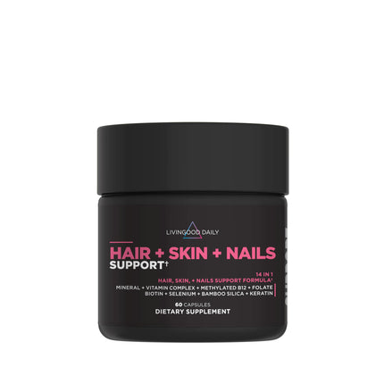 Livingood Daily Hair, Skin & Nails Supplement, 14-in-1 Formula with Biotin, Collagen, Keratin, Bamboo, Selenium, Folate, B12, Zinc and More, Beauty Supplement for Women & Men, Gluten Free, 60 Capsules