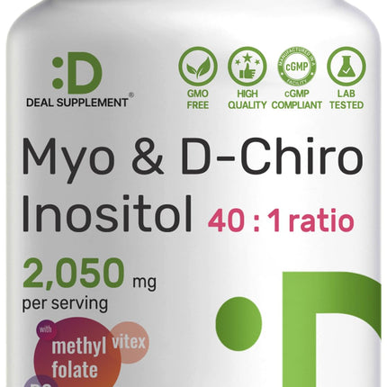 Myo-Inositol & D-Chiro Inositol Supplement for Women (40:1) | 2,050mg Per Serving | 240 Veggie Capsules | with Folate, Vitamin D3 & Vitex | Hormonal Balance & Cycle Support | Non-GMO