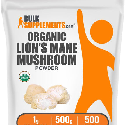 BulkSupplements.com Organic Lions Mane Mushroom Powder - Lions Mane Powder, Mushroom Supplement - Vegan & Gluten Free, 1g per Serving, 500g (1.1 lbs) (Pack of 1)
