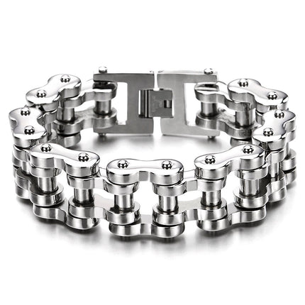 COOLSTEELANDBEYOND Men's Stainless Steel Bike Chain Link Bracelet with Fold Over Clasp, Chunky Motorcycle Chain, Biker Punk Jewelry Gift