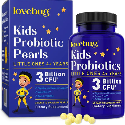 LOVEBUG Probiotics for Kids - Kids Probiotic Chewables with Prebiotics for Aged 4+, Daily Children’s Gut Health, Constipation, Digestive & Immune Support Supplement, Sugar-Free, 60 Soft Pearls