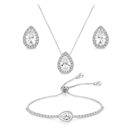 UDYLGOON Teardrop Cubic Zirconia Jewelry Set Necklace Earrings Bracelet Bridal Wedding Jewelry for Women Bridesmaid Prom Party (3 Set - White Gold Plated)