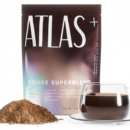 Atlas+ Mushroom Coffee Superblend– Premium Coffee with Collagen, Probiotics, D3 & B12, Lion’s Mane, Reishi, Cordyceps– for Energy, Focus, Immunity & Gut Health– 28 Servings (1 Bag)