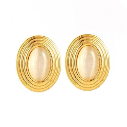 Gold Oval Stone Statement Earrings – Lightweight Drop Earrings for Women