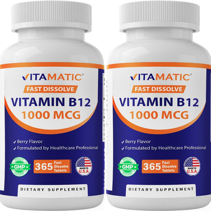 Vitamatic Vitamin B12 1000 mcg Fast Dissolve Tablets – Natural Berry Flavor – 365 Tablets per Bottle - 2 Bottles – Supports Energy Metabolism & Nervous System Health