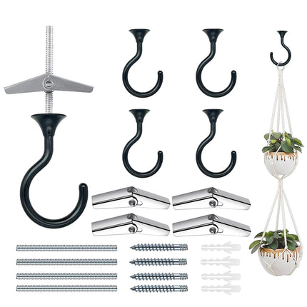 Evsteluo Heavy Duty Ceiling Hooks for Hanging Plants 4 Pack (Black)