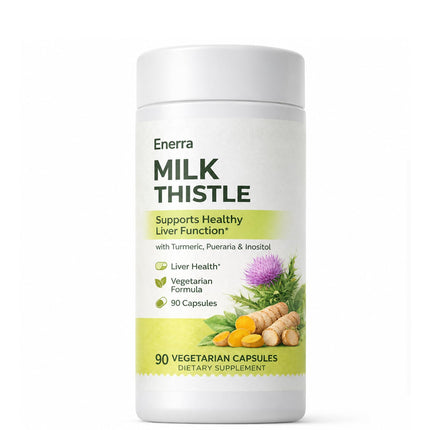 Enerra Silymarin Milk Thistle Extract Capsules – Liver Health Support with Turmeric, Pueraria, & Inositol – 90 Vegetarian Capsules – Natural Botanical Supplement for Adults