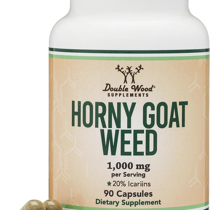 Horny Goat Weed for Men and Women - No Fillers (Max Strength Epimedium Std. to 20% Icariins) 1,000mg per Serving, 90 Capsules (Male Enhancing Supplement) by Double Wood