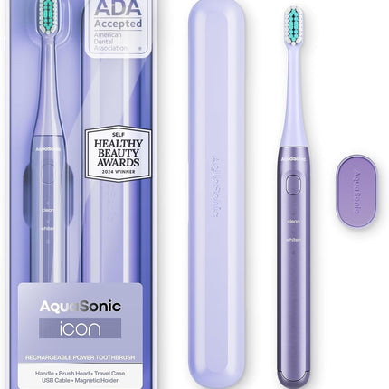 Aquasonic Icon ADA-Accepted Rechargeable Toothbrush | Magnetic Holder & Slim Travel Case | 2 Brushing Modes & Smart Timers | Gentle Micro-Vibrations (Lilac)