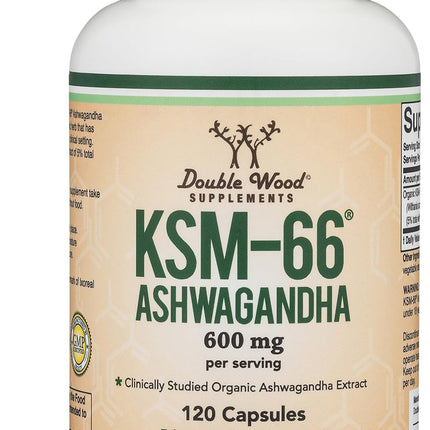 Double Wood Supplements Ashwagandha KSM 66 Organic and Clinically Studied Extract (600mg Per Serving, 120 Capsules, 60 Servings) Adaptogen Cortisol Manager for Women and Men