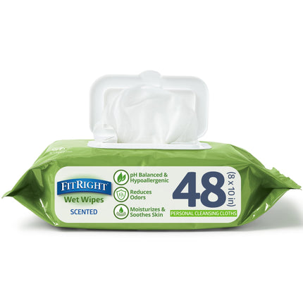 Medline FitRight Aloe Personal Cleansing Cloth Wipes, Scented, Pack of 48, 8 x 10 inch Adult Large Incontinence Wipes