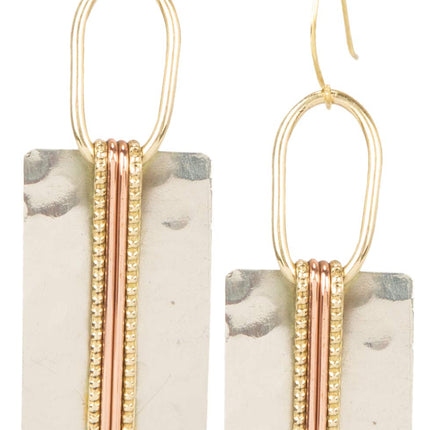 SPUNKYsoul Mixed Metal Rectangle Bar Earrings – Geometric Hammered Silver Gold Copper Dangle Earrings, Wire-Wrapped Modern Boho Drop Design, Lightweight Mid-Weight Statement Jewelry for Women (Rectangle Silver With Gold Accent)