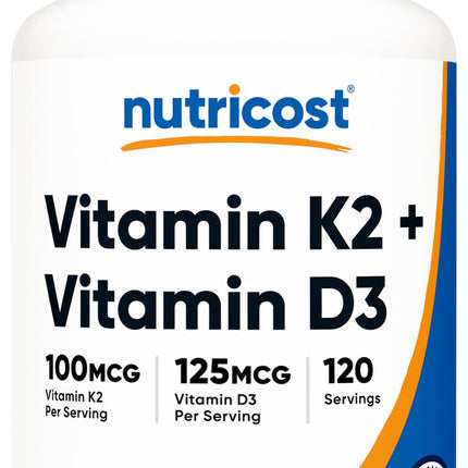 Nutricost Vitamin D3 + K2 (5000 IU D3 / 100mcg MK7), 120 Softgels – Gluten-Free & Non-GMO