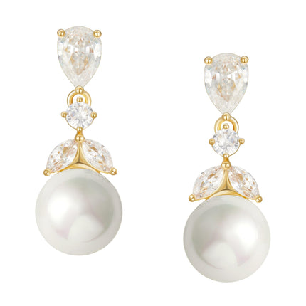 SWEETV Cubic Zirconia Pearl Drop Wedding Earrings for Brides, Ivory Bridal Pearl Earrings for Bridesmaid Jewelry Gift (01.Style 1-Gold)