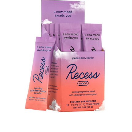 Recess Mood Powder, Calming Magnesium L-Threonate Blend with Passion Flower, L-Theanine, Electrolytes, Magnesium Calm Support Supplement - Gradient Berry Pack of 10