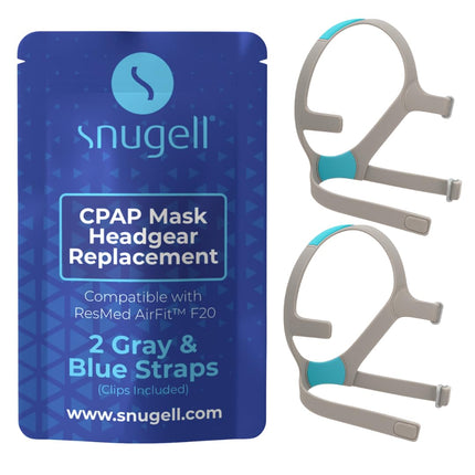Snugell Strap Replacement for ResMed AirFit F20 Full Face Mask CPAP Machines – Ultra-Soft Elastic Nylon Headband for Secure, Comfortable Fit – CPAP Supplies – Regular 2 Pack - Gray and Blue