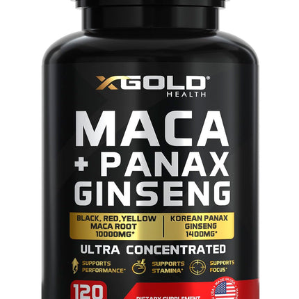Maca Root Capsules 20:1 Extract + Korean Panax Ginseng10:1 Extract - 20x Concentrated Black + Red + Yellow Maca Root, 10x Concentrated Panax Ginseng Capsules - Ultra Potent & Highly Purified