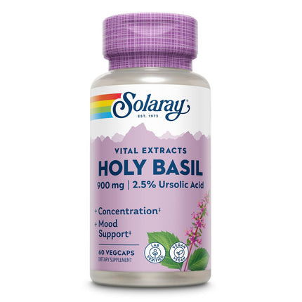 SOLARAY Holy Basil 1000 mg - Tulsi Holy Basil Adaptogen with 2.5% Ursolic Acid - Adrenal Support, Focus, Occasional Stress and Mood Support - Non-GMO, Vegan, Gluten Free, 60-Day Guarantee, 30 Servings