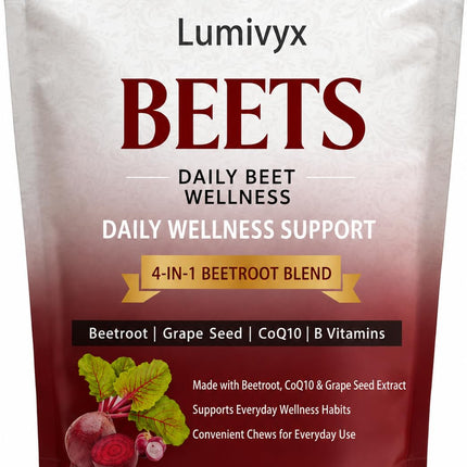 Lumivyx Beet Chews，Beetroot Blend with Beetroot, CoQ10 & Grape Seed Extract, Pomegranate Berry Flavor, 60 Count