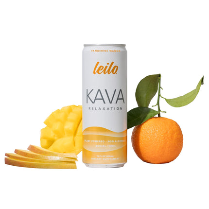 Leilo | Kava Powered Sparkling Relaxation Drink | Tangerine Mango - Non-Alc Calming Beverage | 12 fl oz Cans (Pack of 12)