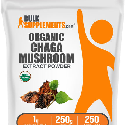 BulkSupplements.com Organic Chaga Mushroom Extract Powder - Chaga Powder, Mushroom Supplement - Gluten Free, 1g per Serving, 250g (8.8 oz) (Pack of 1)