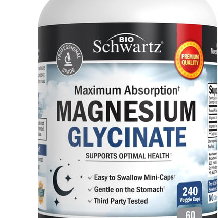 BioSchwartz Magnesium Glycinate 500mg Capsules (240 Mini Caps) Maximum Absorption Magnesium Supplement for Healthy Nerves Muscles Heart Mood and Sleep Support (Vegan, Gluten-Free, Non-GMO)