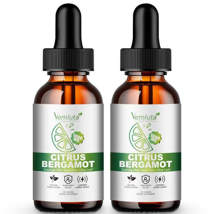 2 Packs 5000mg Citrus Bergamot Liquid Drops-2X Absorption- Cholesterol Lowering Supplement w Soursop, Red Yeast Rice, Olive Leaf, Hight Cholesterol -Soursop Bitters Liquid-Heart & Immune Support