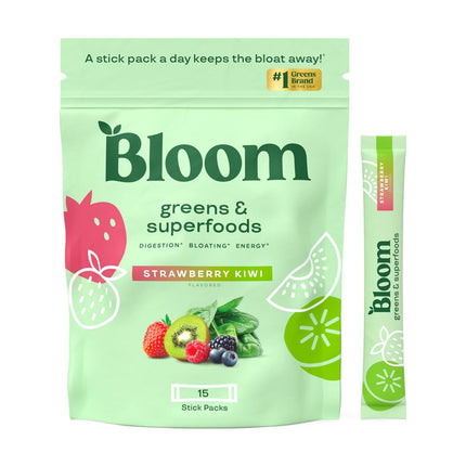 Bloom Nutrition Superfood Greens Powder, Digestive Enzymes with Probiotics and Prebiotics, Gut Health, Bloating Relief for Women, Chlorella, Green Juice Mix w Beet Root Powder, 60 SVG, Strawberry Kiwi