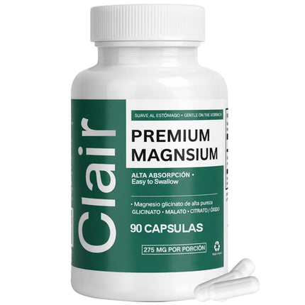 Clair Magnesio Premium, Premium Magnesium Glycinate, Non-GMO Ingredients, Daily Routine, Vegan-Friendly 90 Capsules