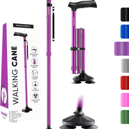 HONEYBULL Walking Cane for Women & Men Foldable, Adjustable, Heavy Duty, Free Standing, All Terrain, Collapsible Walking Sticks for Seniors & Adults (Purple)