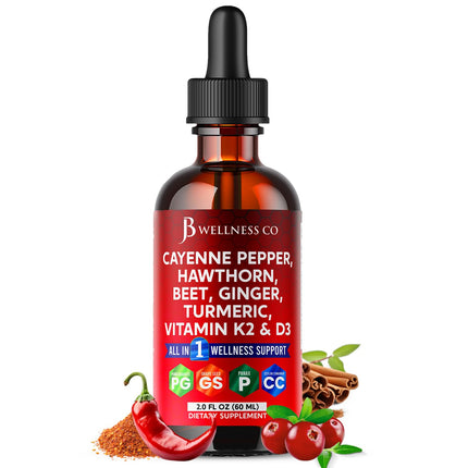 Cayenne Pepper Supplement Liquid Drops + Hawthorn Berry, Vitamin D3 K2 Beet Root Powder, Ceylon Cinnamon, Turmeric Curcumin, Organic Panax Ginseng - 2oz