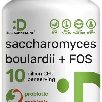 Saccharomyces Boulardii Probiotics + FOS Supplement, 10 Billion CFU, 240 Veggie Capsules – Probiotic & Prebiotic for Women & Men – Gut, Immune & Digestive Health Support – Non-GMO