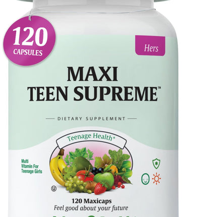 Maxi Health Teen Vitamins for Girls 12-17 - Teen Multivitamin D3, Iron, Calcium, Biotin, Zinc, Digestive Enzymes – Teenager Girl Multi Vitamins for Healthy Skin, Immune & Mood Support – 120 Count