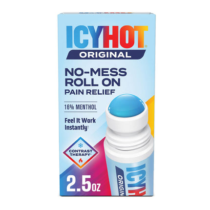 Icy Hot Original Pain Relief No-Mess Roll-On Applicator, Fast-Acting Pain Relief with Max Strength Menthol 16%, Contrast Therapy for Backaches, Joints, Muscle Strains and Arthritis, 2.5 oz