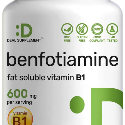 Benfotiamine 600mg Per Serving, 180 Veggie Capsules (300mg Per Cap) – Fat Soluble Vitamin B1 Thiamine Supplement – 3rd Party Tested, Vegan, Non-GMO, Gluten Free