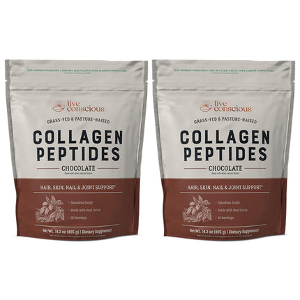 Live Conscious Collagen Peptides Powder - Chocolate Collagen Powder - Hair, Skin, Nail, and Joint Support - Type I & III Grass-Fed Collagen Supplements for Women and Men (2-Pack)