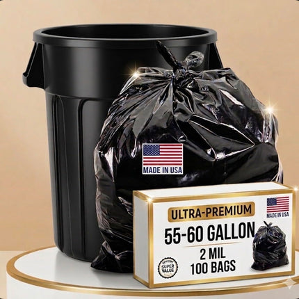 Heavy Duty 55 Gallon Trash Bags (100 Count) - Extra Large Black Commercial Garbage Bags, 2 Mil Thick Leak-Proof Liners for Kitchen, Restaurant, and Large Household Clean-Up