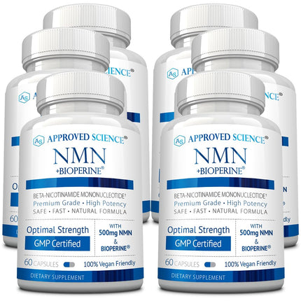 Approved Science NMN - 500mg Stable Beta NMN with BioPerine - Cellular Energy, Healthy Aging - Pack of 6 - Made in USA - Vegan