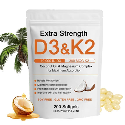 Hlonns D3 K2 Vitamin 10000 IU, Extra Strength Wellness D3K2 with Triple Magnesium & Coconut Oil for Maximum Absorption, Support Bone & Immune Health, Non-GMO,Easy to Swallow, 200 Softgels