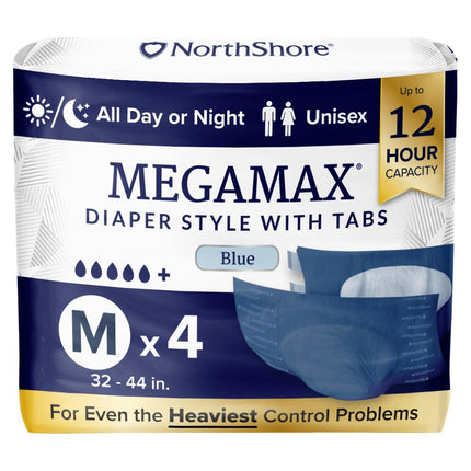 NorthShore MegaMax 12-Hour HBL Adult Diapers for Heavy Bladder Leaks, Medium, 4 Count, Blue, 32-44 inches, Tab-Style Incontinence Underwear for Men, Women & Teens