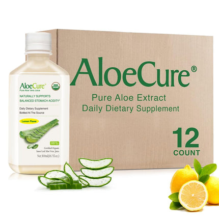 AloeCure USDA Organic Aloe Vera Juice Lemon Flavor - Made Within 12 Hours of Harvest - Natural Digestive Supplement for Balanced Stomach Acidity - Support Digestive and Immune Health, 12 Btls x 16.7oz