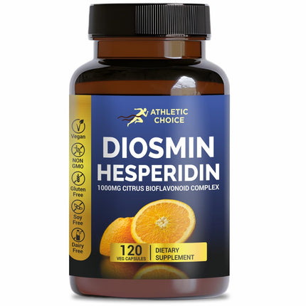 Athletic Choice Diosmin Hesperidin 1000mg Complex, 120 Veggie Capsules, Citrus Bioflavonoid Rich Fruit Extract, Vegan, Non-GMO & Gluten-Free Hesperidin and Diosmin Supplement