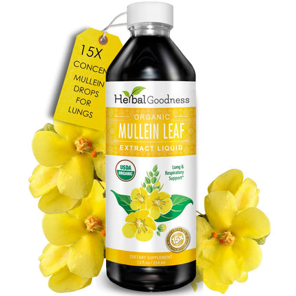 Herbal Goodness Mullein Drops for Lungs - Respiratory Support, Mullein Leaf Extract for Lungs, Bronchial & Lung Detox for Smokers, Organic Wild Mullen as Tea, Pills, Tincture - Made in USA - 12 Fl Oz