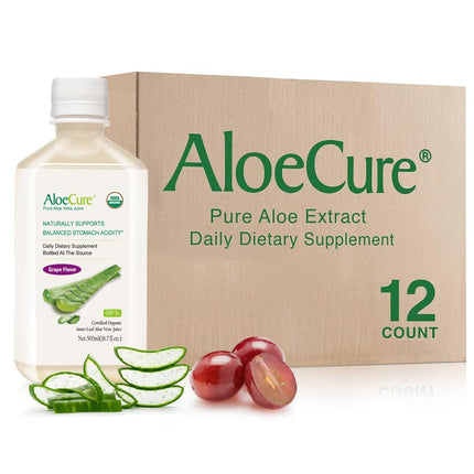 AloeCure USDA Organic Aloe Vera Juice Grape Flavor, Made Within 12 Hours of Harvest - Pure Aloe Vera Digestive & Immune Health Supplement, Helps Maintain Balanced Stomach Acidity, 16.7oz x 12 Btls