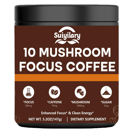 Suiyilary Mushroom Coffee with Focus, 10 Mushroom Extract Powder Blend Lion's Mane, Brain Supplements with Instant Coffee for Energy, Focus, Memory and Immunity 147g 21 Serving
